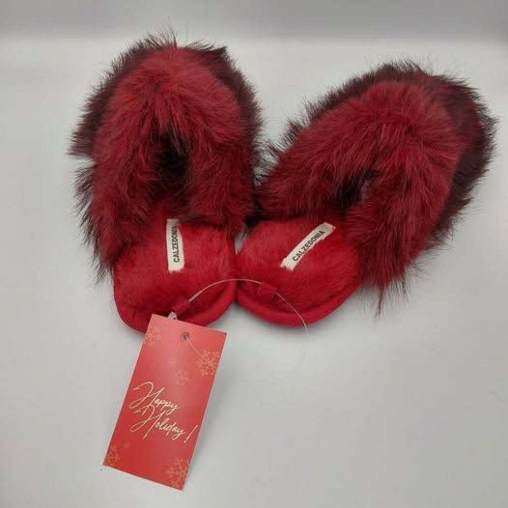 Calzedonia Rosso burgundy fluffy red faux fur slippers 36-38 SIZE